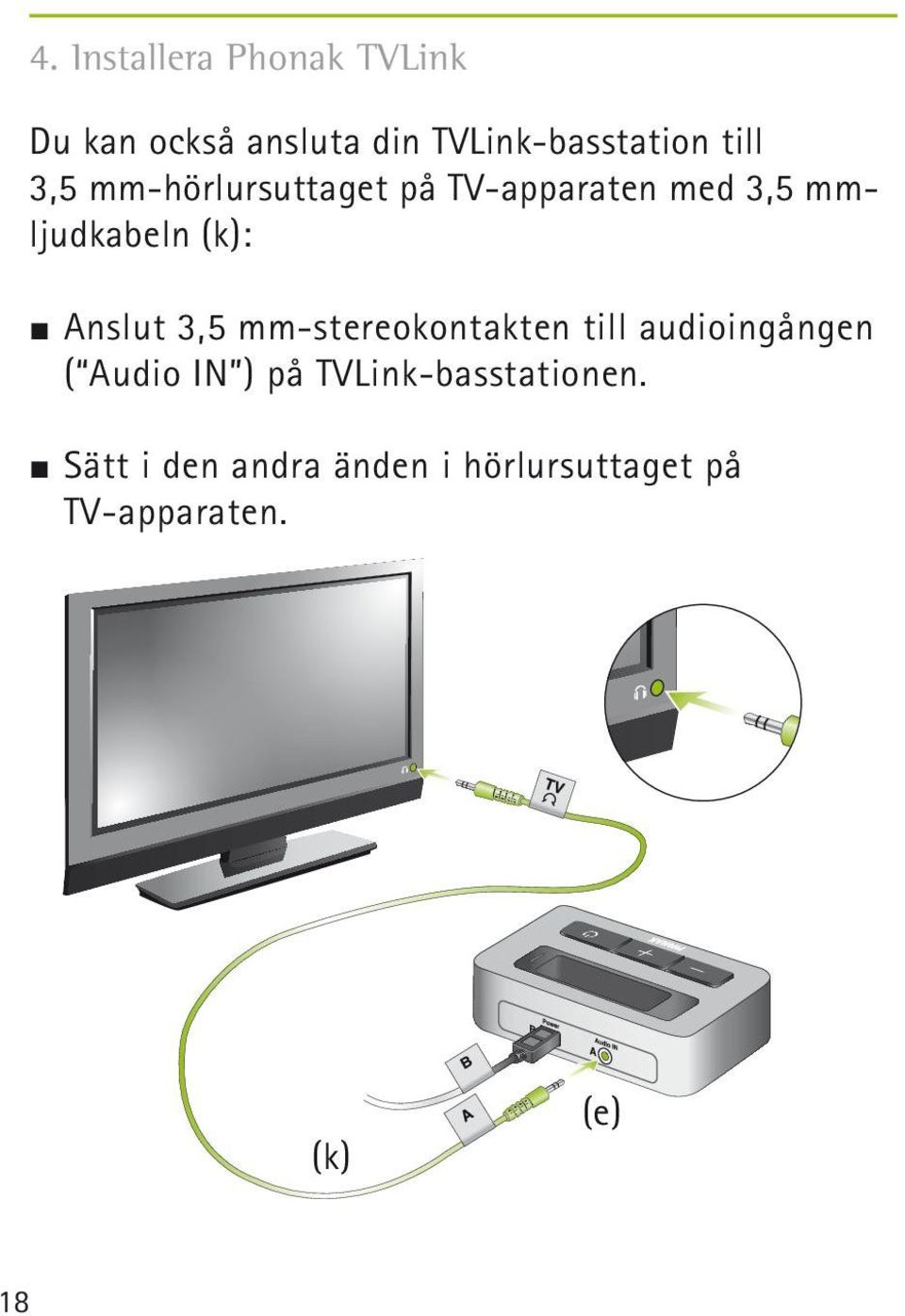 Anslut 3,5 mm-stereokontakten till audioingången ( Audio IN ) på