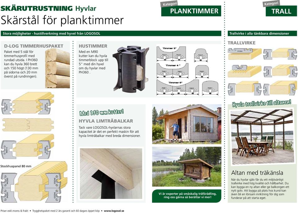 HUSTIMMER Med en M90 kutter kan du hyvla timmerblock upp till 5 med din hyvel om du hyvlar med PH360. TRALLVIRKE FRIGGEBODPROFILER Med 130 mm kutter!