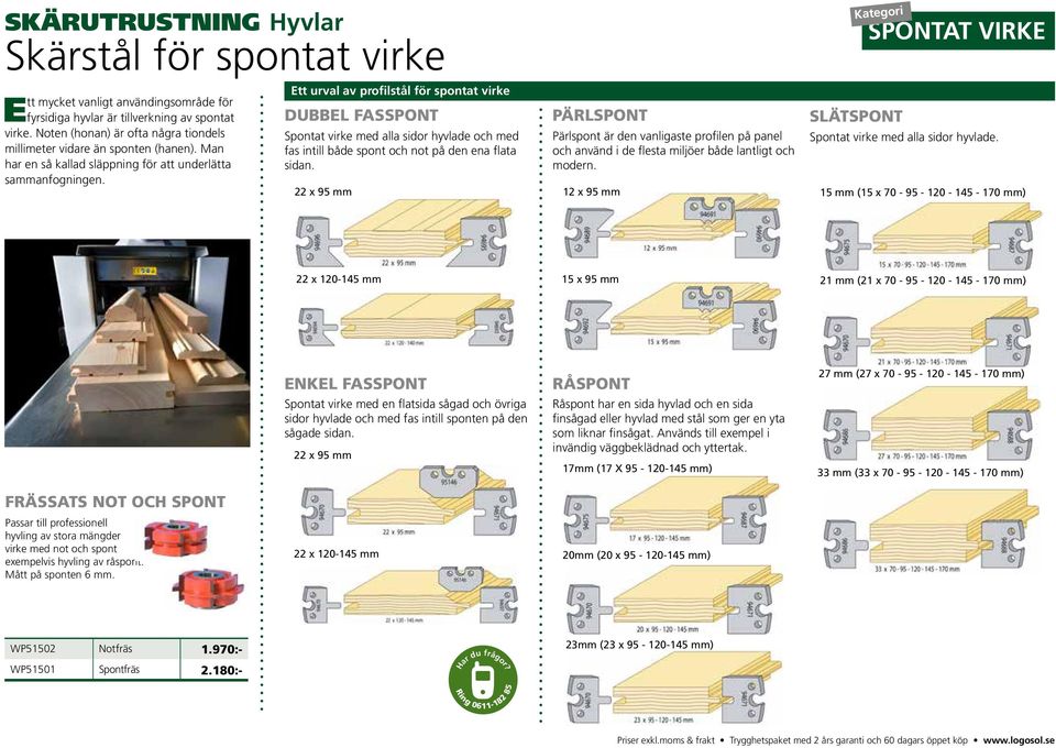 Ett urval av proflstål för spontat virke DUBBEL FASSPONT Spontat virke med alla sidor hyvlade och med fas intill både spont och not på den ena flata sidan.