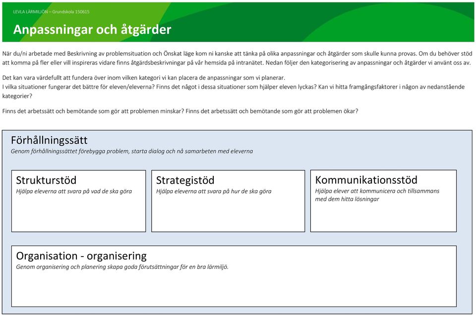 Nedan följer den kategorisering av anpassningar och åtgärder vi använt oss av. Det kan vara värdefullt att fundera över inom vilken kategori vi kan placera de anpassningar som vi planerar.