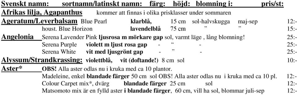 25:- Serena Purple violett m ljust rosa gap - - 25:- Serena White vit med ljusgrönt gap - - 25:- Alyssum/Strandkrassing: violettblå, vit (doftande!) 8 cm sol 10:- Aster* OBS!