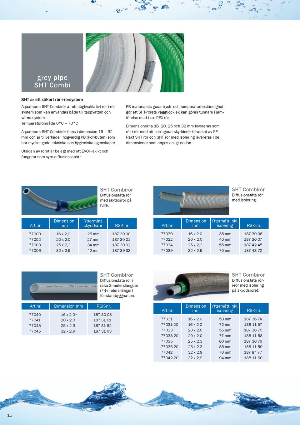 Temperaturområde 0 C 70 C Aquatherm SHT Combirör finns i dimension 16 32 mm och är tillverkade i högvärdig PB (Polybuten) som har mycket goda tekniska och hygieniska egenskaper.