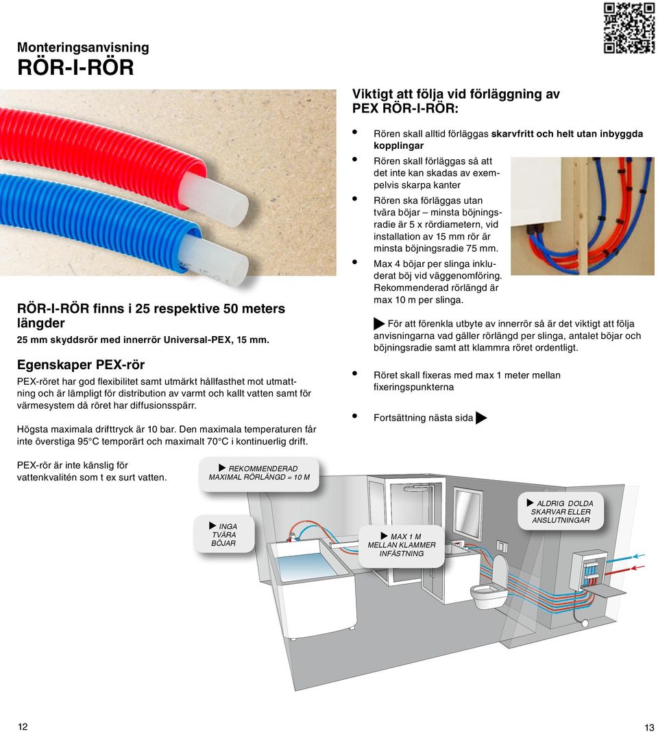 Den maximala temperaturen får inte överstiga 95 C temporärt och maximalt 70 C i kontinuerlig drift. PEX-rör är inte känslig för vattenkvalitén som t ex surt vatten.