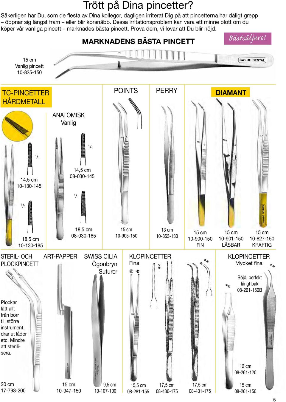 5 cm Vanlig pincett 0-825-50 TC-PINCETTER HÅRDMETALL POINTS PERRY DIAMANT ANATOMISK Vanlig 4,5 cm 0-30-45 4,5 cm 08-030-45 Plockar lätt allt från borr till större instrument, drar ut lådor etc.