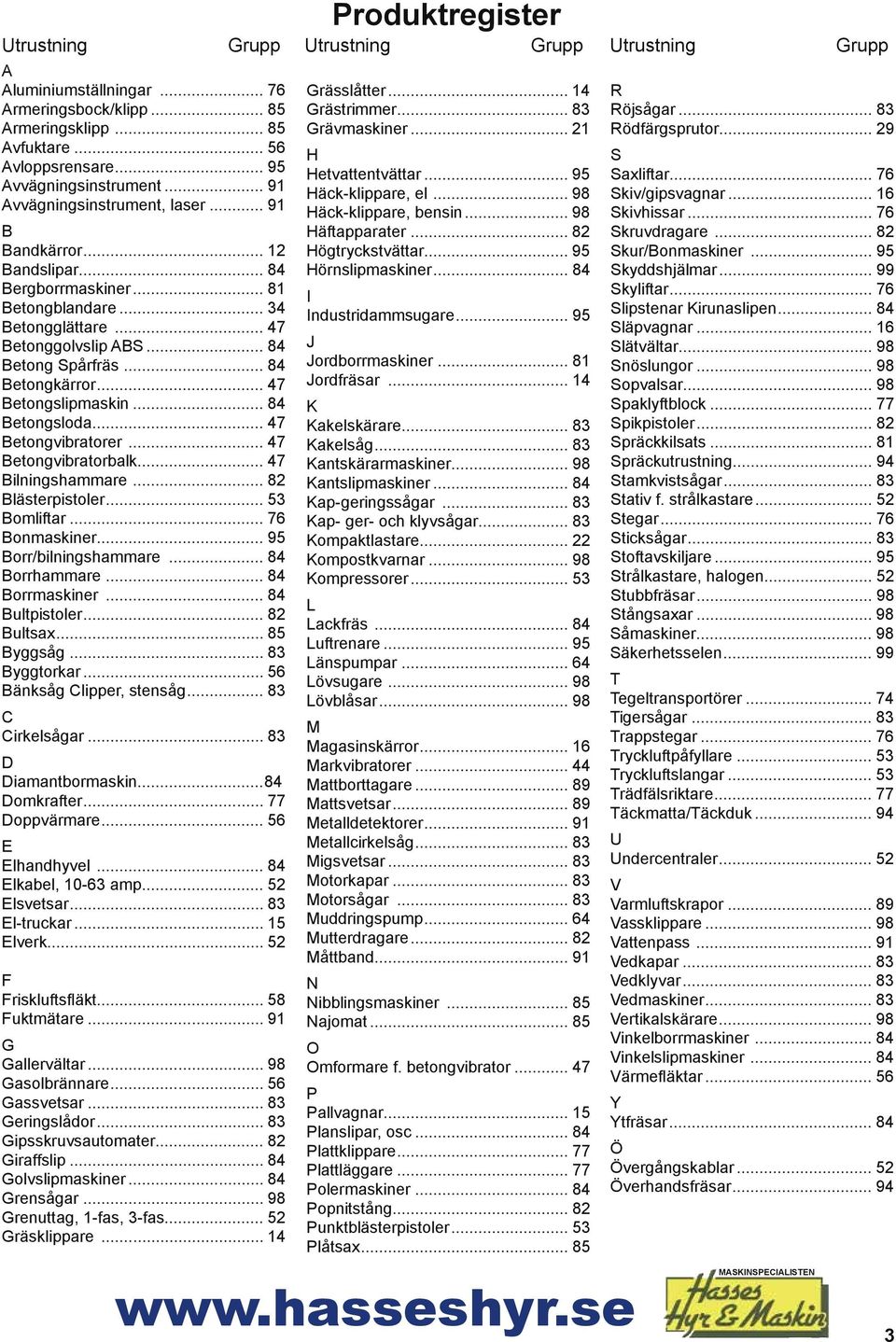 .. 47 Betongvibratorer... 47 Betongvibratorbalk... 47 Bilningshammare... 82 Blästerpistoler... 53 Bomliftar... 76 Bonmaskiner... 95 Borr/bilningshammare... 84 Borrhammare... 84 Borrmaskiner.