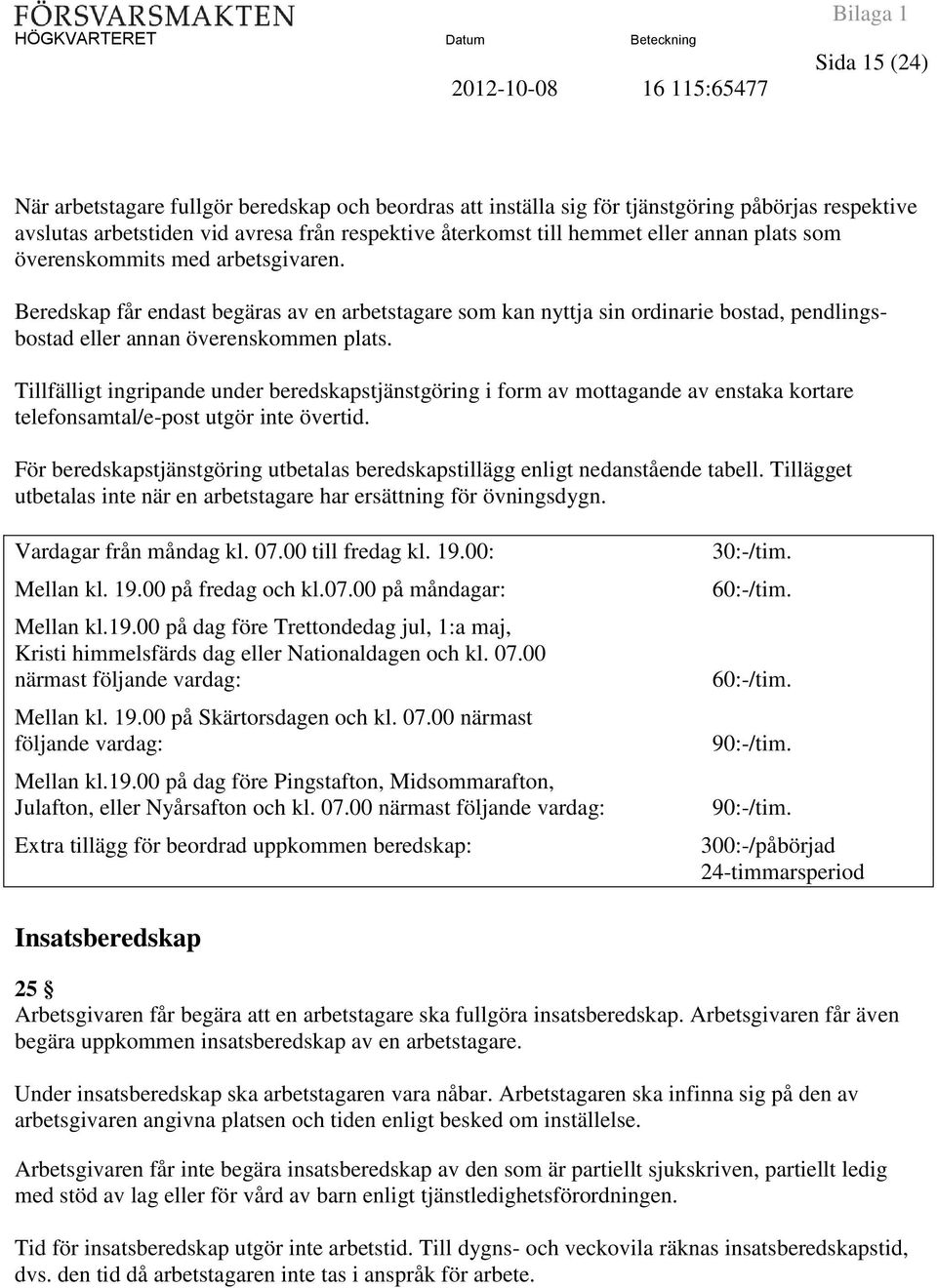 Tillfälligt ingripande under beredskapstjänstgöring i form av mottagande av enstaka kortare telefonsamtal/e-post utgör inte övertid.