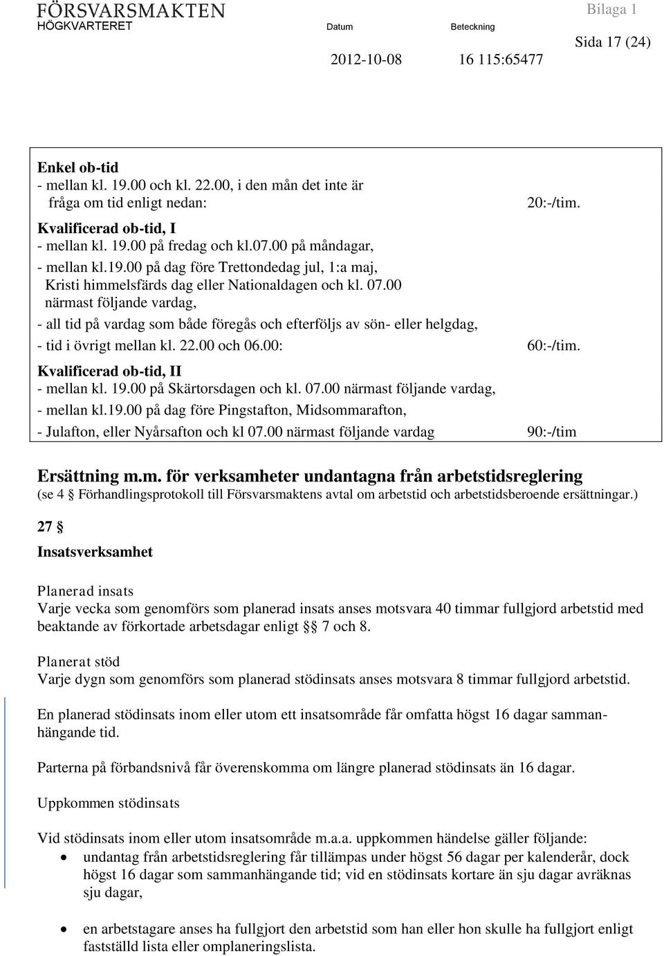 00 närmast följande vardag, - all tid på vardag som både föregås och efterföljs av sön- eller helgdag, - tid i övrigt mellan kl. 22.00 och 06.00: 60:-/tim. Kvalificerad ob-tid, II - mellan kl. 19.