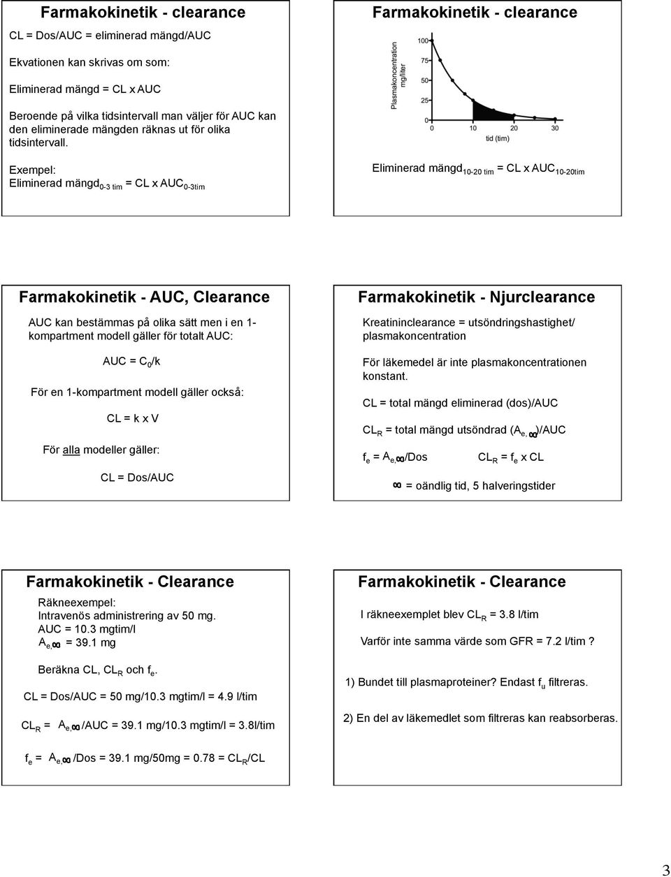 Eliminerad mängd 0-3 tim = CL x AUC 0-3tim Eliminerad mängd 10-20 tim = CL x AUC 10-20tim Farmakokinetik - AUC, Clearance AUC kan bestämmas på olika sätt men i en 1- kompartment modell gäller för