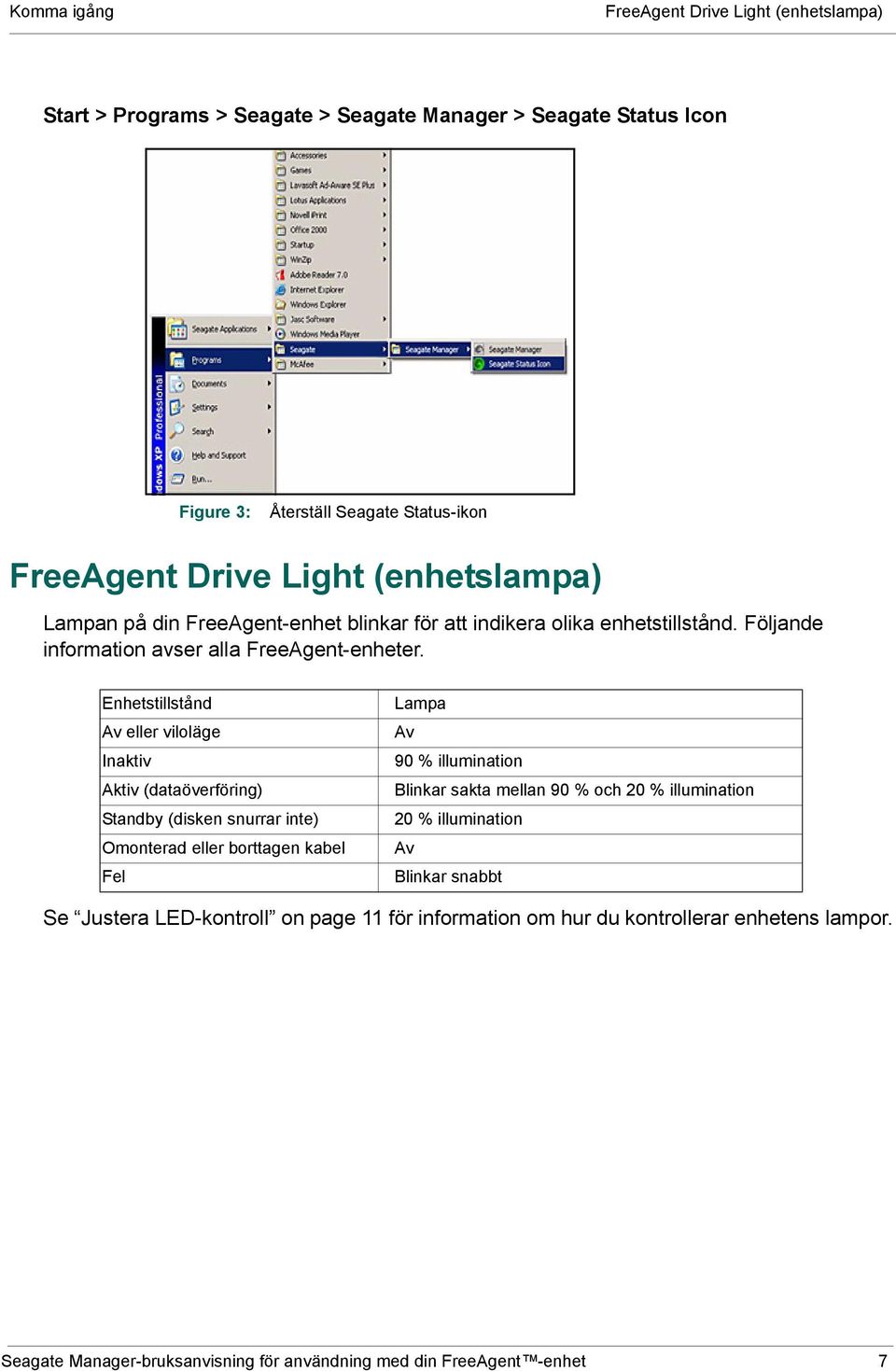 Enhetstillstånd Lampa Av eller viloläge Av Inaktiv 90 % illumination Aktiv (dataöverföring) Blinkar sakta mellan 90 % och 20 % illumination Standby (disken snurrar inte) 20 %