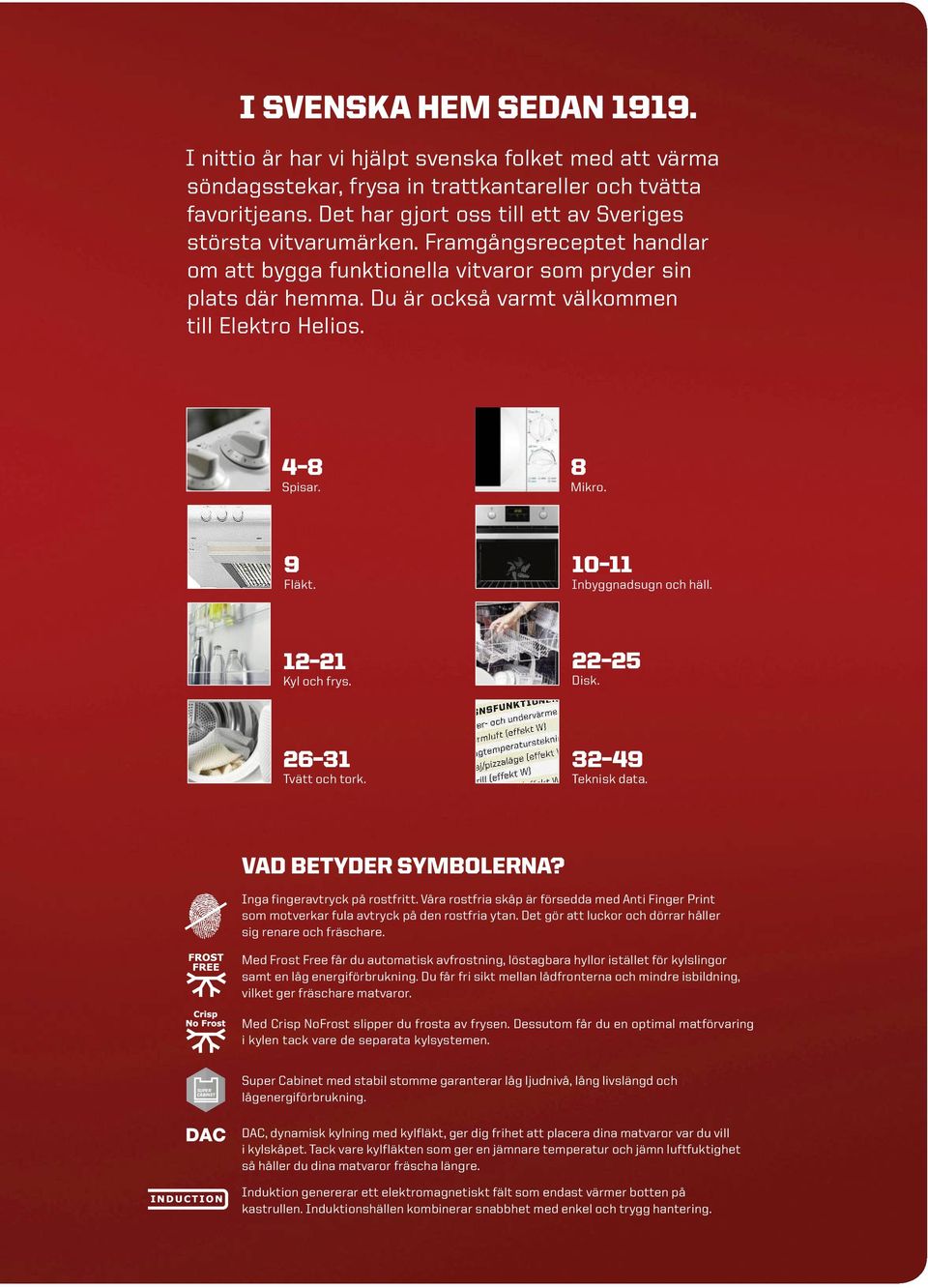 Du är också varmt välkommen till Elektro Helios. 4 8 Spisar. 8 Mikro. 9 Fläkt. 10 11 Inbyggnadsugn och häll. 12 21 Kyl och frys. 22 25 Disk. 26 31 Tvätt och tork. 32 49 Teknisk data.