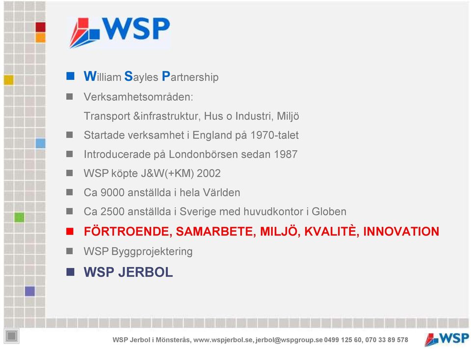 WSP köpte J&W(+KM) 2002 Ca 9000 anställda i hela Världen Ca 2500 anställda i Sverige med