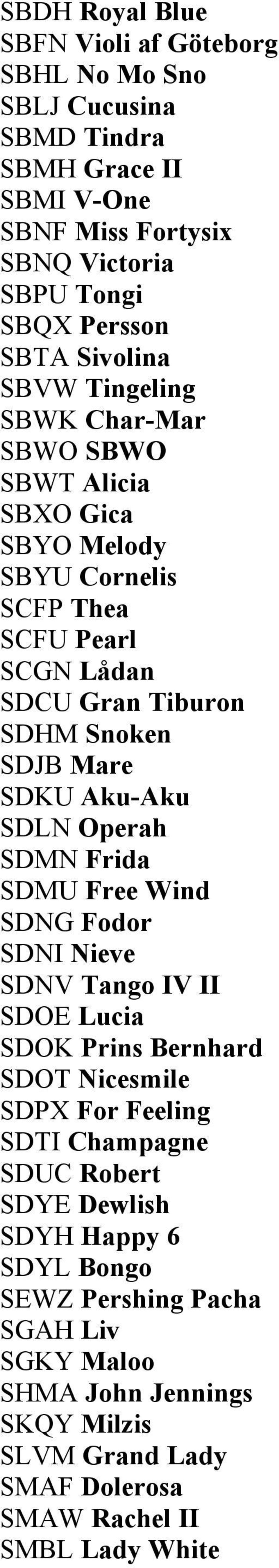 SDKU Aku-Aku SDLN Operah SDMN Frida SDMU Free Wind SDNG Fodor SDNI Nieve SDNV Tango IV II SDOE Lucia SDOK Prins Bernhard SDOT Nicesmile SDPX For Feeling SDTI Champagne