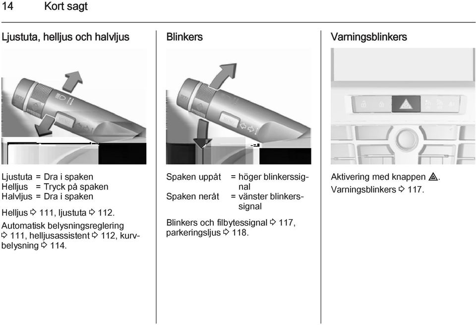 Automatisk belysningsreglering 3 111, helljusassistent 3 112, kurvbelysning 3 114.