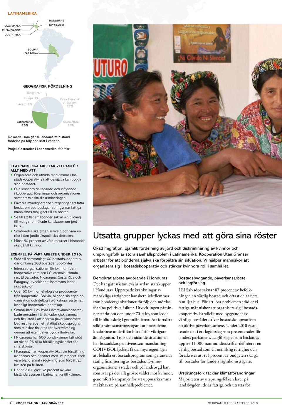 Projektkostnader i Latinamerika: 60 Mkr I Latinamerika arbetar vi framför allt med att: Organisera och utbilda medlemmar i bostadskooperativ, så att de själva kan bygga sina bostäder.