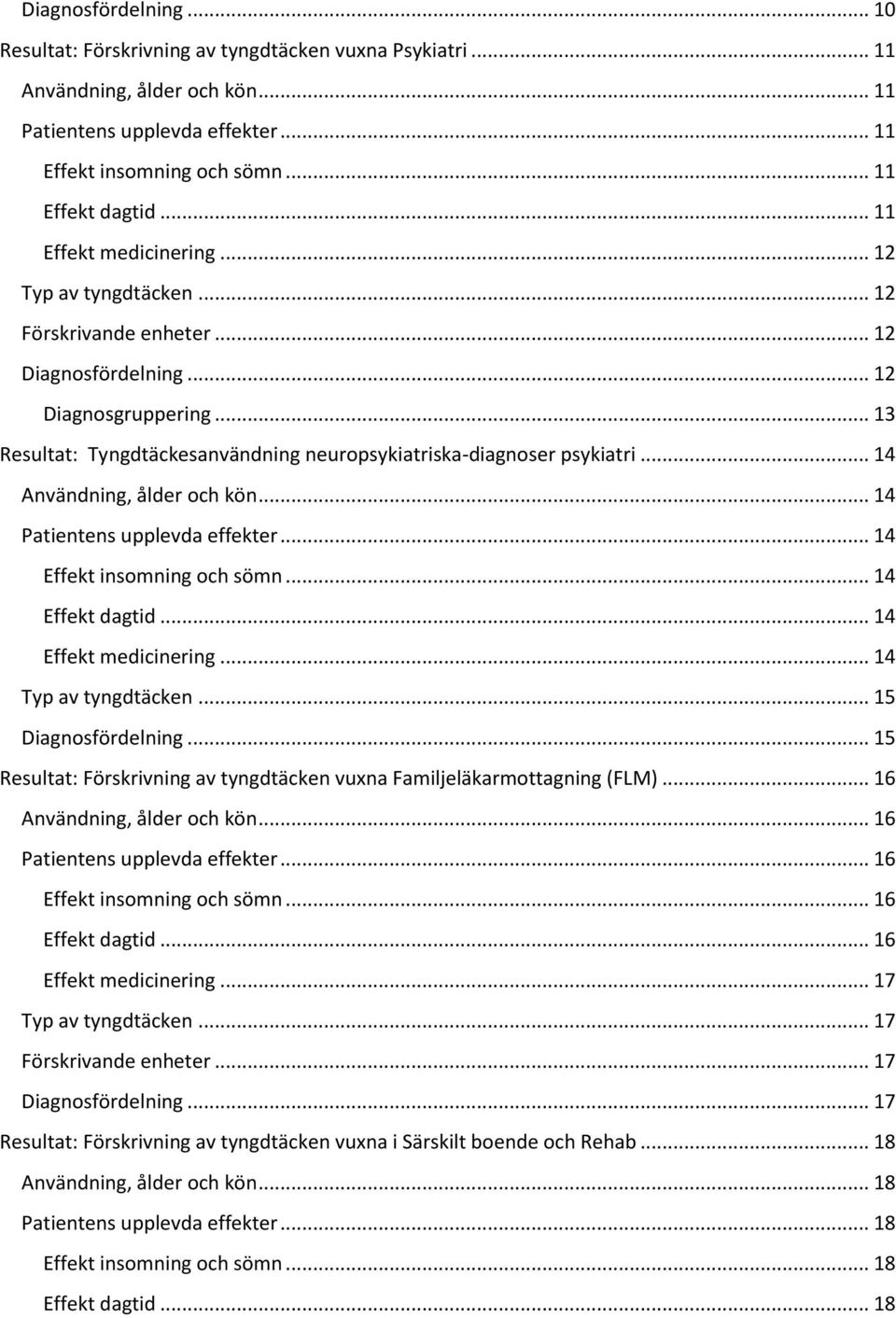 .. 14 Användning, ålder och kön... 14 Patientens upplevda effekter... 14 Effekt insomning och sömn... 14 Effekt dagtid... 14 Effekt medicinering... 14 Typ av tyngdtäcken... 15 Diagnosfördelning.