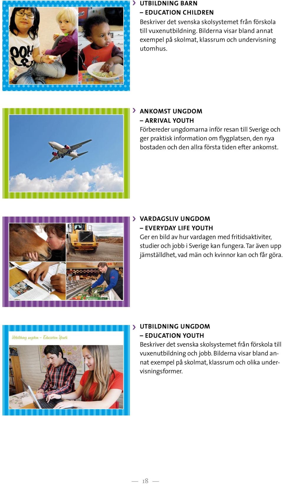 Vardagsliv ungdom Everyday Life Youth Ger en bild av hur vardagen med fritidsaktiviter, studier och jobb i Sverige kan fungera. Tar även upp jämställdhet, vad män och kvinnor kan och får göra.