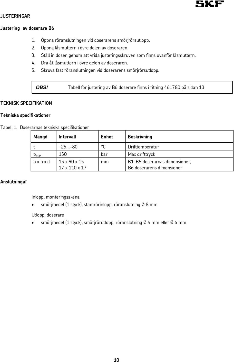 Tabell för justering av B6 doserare finns i ritning 461780 på sidan 13 TEKNISK SPECIFIKATION Tekniska specifikationer Tabell 1.