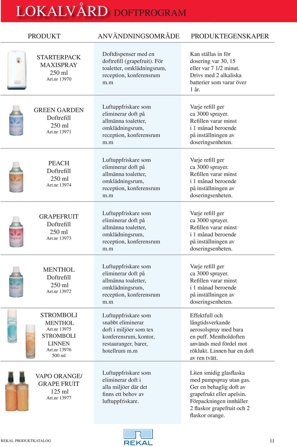 nr 13971 Luftuppfriskare som eliminerar doft på allmänna toaletter, omklädningsrum, reception, konferensrum m.m Varje refill ger ca 3000 sprayer.