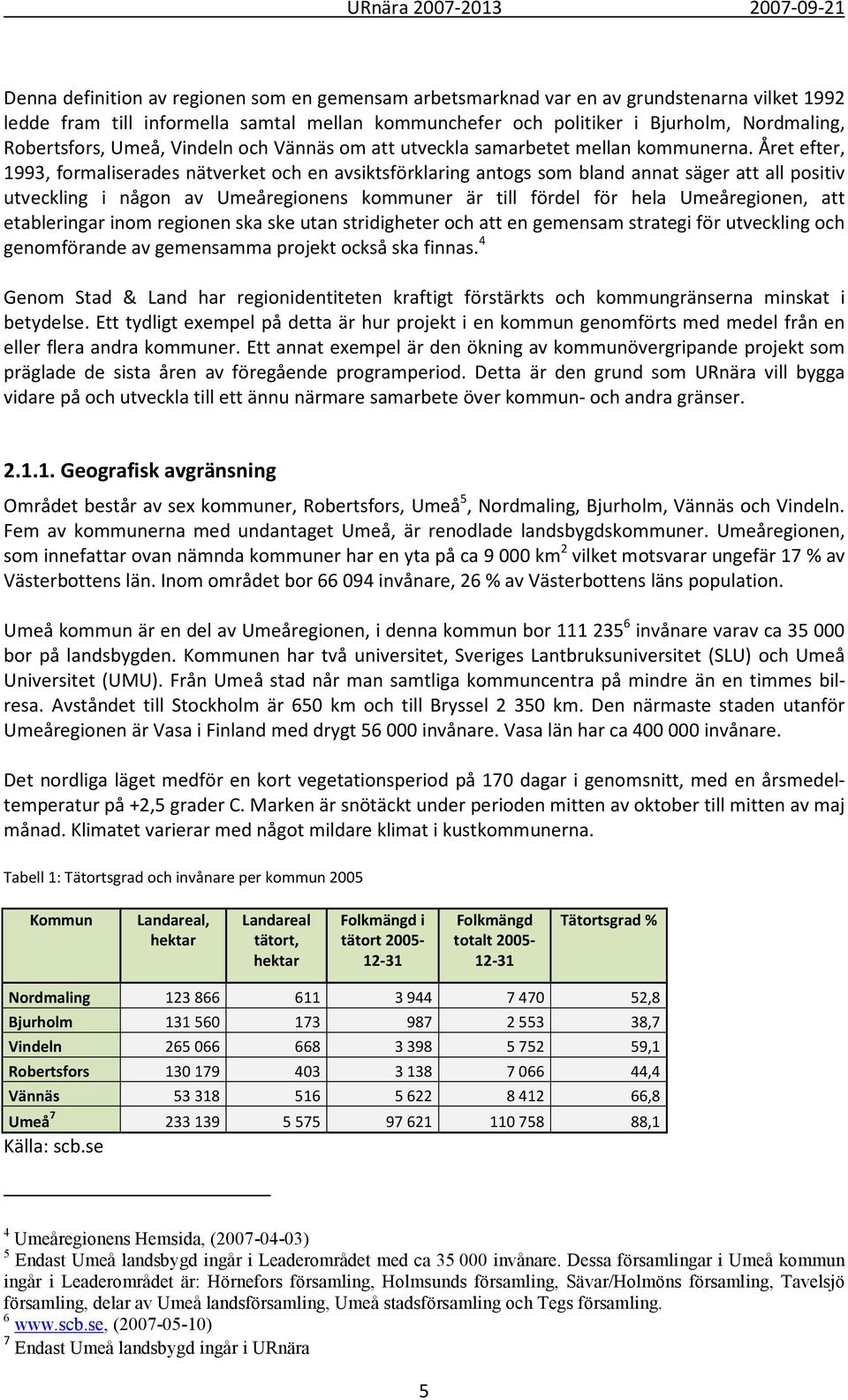 Året efter, 1993, formaliserades nätverket och en avsiktsförklaring antogs som bland annat säger att all positiv utveckling i någon av Umeåregionens kommuner är till fördel för hela Umeåregionen, att