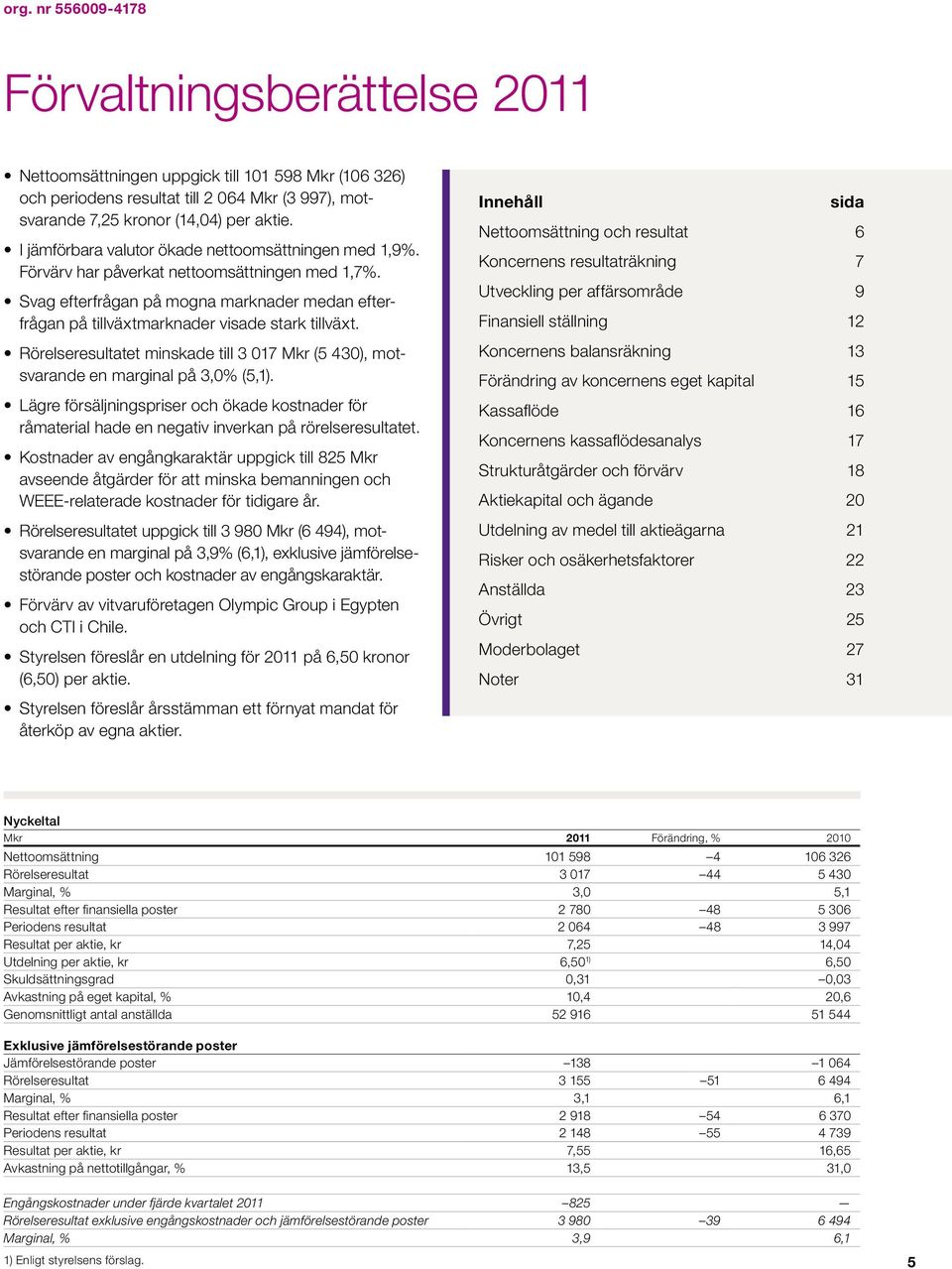 Svag efterfrågan på mogna marknader medan efterfrågan på tillväxtmarknader visade stark tillväxt. Rörelseresultatet minskade till 3 017 Mkr (5 430), motsvarande en marginal på 3,0% (5,1).