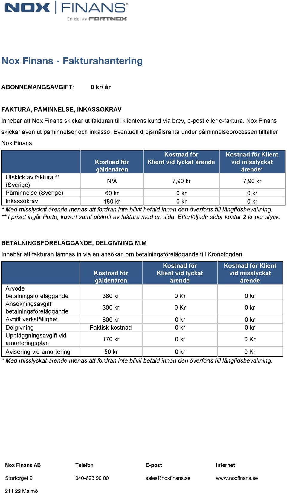 Klient vid lyckat Klient * Utskick av faktura ** (Sverige) 7,90 kr 7,90 kr Påminnelse (Sverige) 60 kr 0 kr 0 kr Inkassokrav 180 kr 0 kr 0 kr * Med misslyckat menas att fordran inte blivit betald