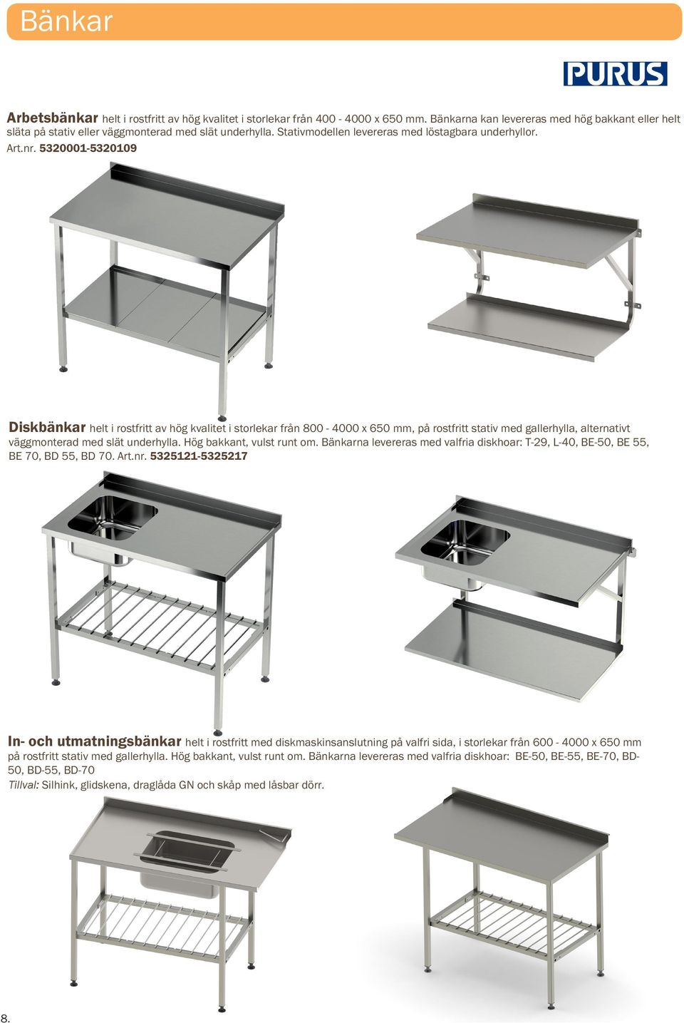 5320001-5320109 Diskbänkar helt i rostfritt av hög kvalitet i storlekar från 800-4000 x 650 mm, på rostfritt stativ med gallerhylla, alternativt väggmonterad med slät underhylla.