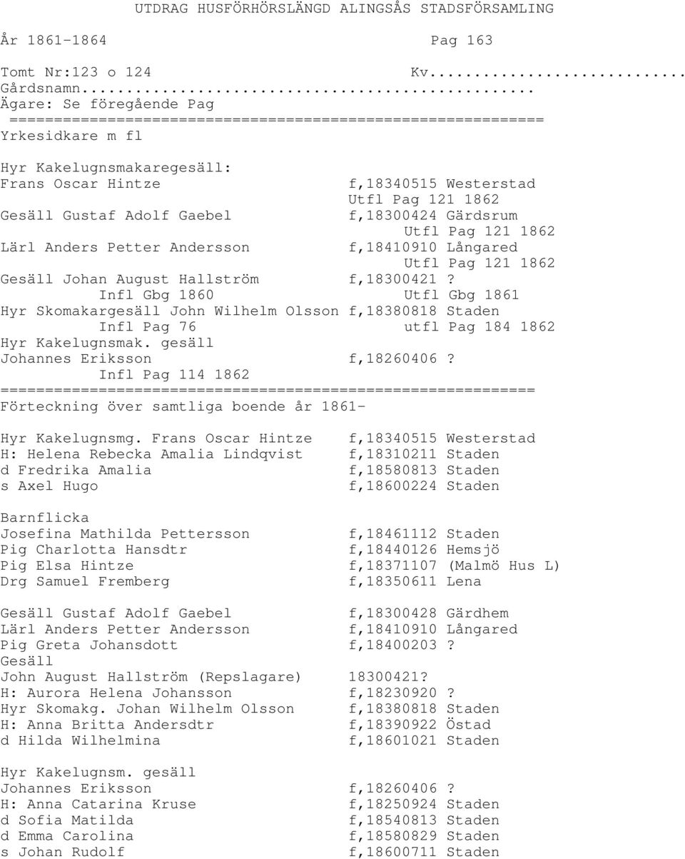 Infl Gbg 1860 Utfl Gbg 1861 Hyr Skomakargesäll John Wilhelm Olsson f,18380818 Staden Infl Pag 76 utfl Pag 184 1862 Hyr Kakelugnsmak. gesäll Johannes Eriksson f,18260406?