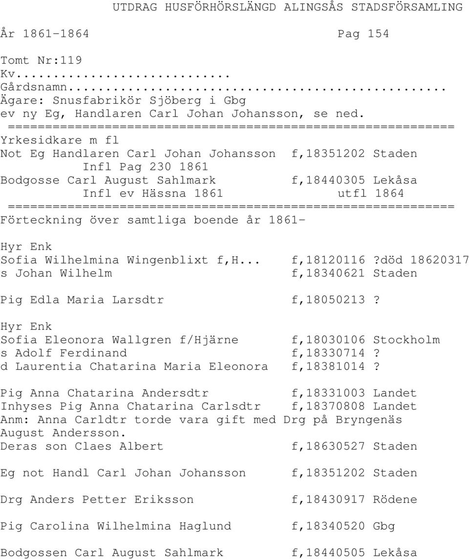 .. f,18120116?död 18620317 s Johan Wilhelm f,18340621 Staden Pig Edla Maria Larsdtr f,18050213? Hyr Enk Sofia Eleonora Wallgren f/hjärne f,18030106 Stockholm s Adolf Ferdinand f,18330714?