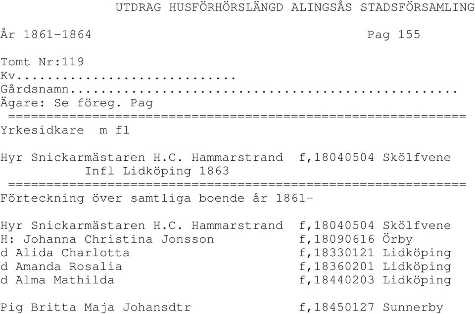 Hammarstrand f,18040504 Skölfvene H: Johanna Christina Jonsson f,18090616 Örby d Alida Charlotta
