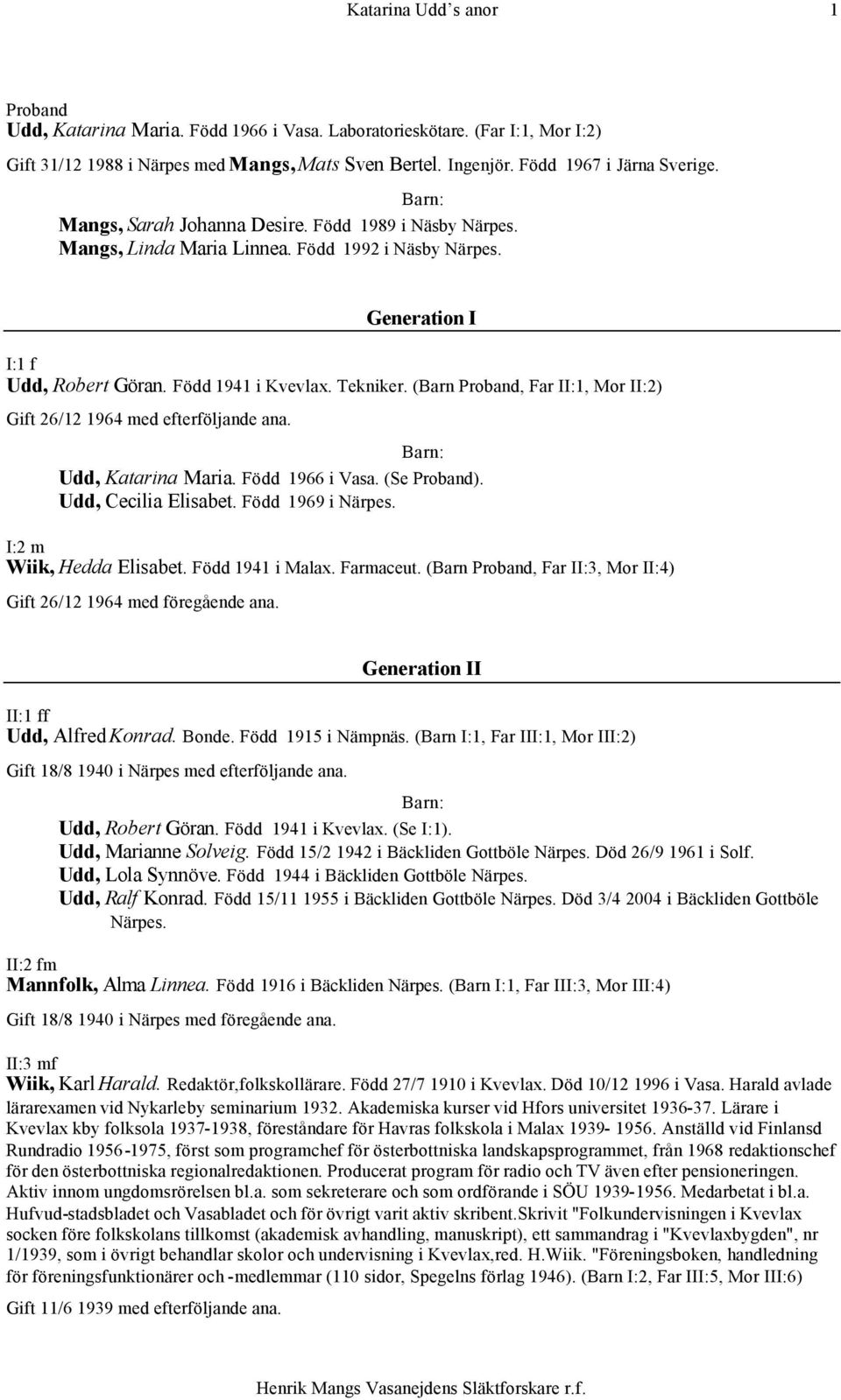 (Barn Proband, Far II:1, Mor II:2) 26/12 1964 med efterföljande ana. Udd, Katarina Maria. Född 1966 i Vasa. (Se Proband). Udd, Cecilia Elisabet. Född 1969 i Närpes. I:2 m Wiik, Hedda Elisabet.