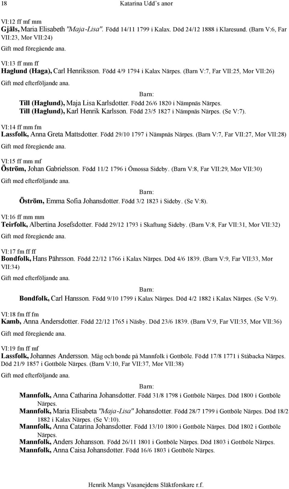 Född 26/6 1820 i Nämpnäs Närpes. Till (Haglund), Karl Henrik Karlsson. Född 23/5 1827 i Nämpnäs Närpes. (Se V:7). VI:14 ff mm fm Lassfolk, Anna Greta Mattsdotter. Född 29/10 1797 i Nämpnäs Närpes.