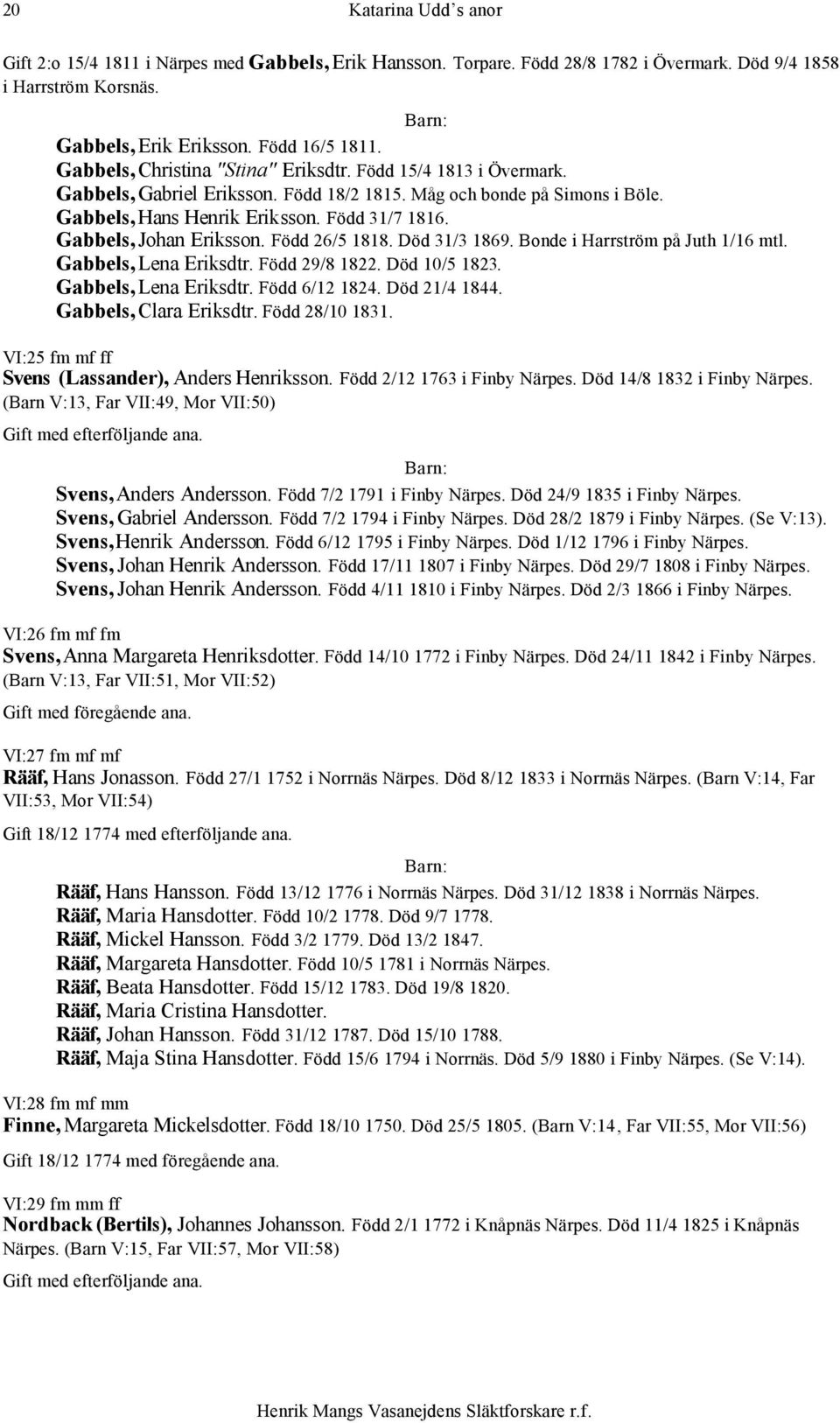 Gabbels, Johan Eriksson. Född 26/5 1818. Död 31/3 1869. Bonde i Harrström på Juth 1/16 mtl. Gabbels, Lena Eriksdtr. Född 29/8 1822. Död 10/5 1823. Gabbels, Lena Eriksdtr. Född 6/12 1824.