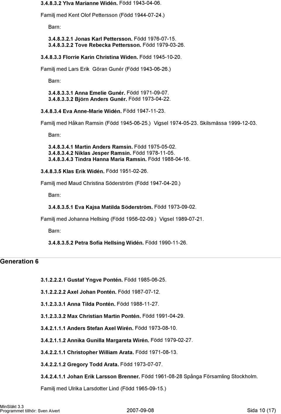 Född 1973-04-22. 3.4.8.3.4 Eva Anne-Marie Widén. Född 1947-11-23. Familj med Håkan Ramsin (Född 1945-06-25.) Vigsel 1974-05-23. Skilsmässa 1999-12-03. 3.4.8.3.4.1 Martin Anders Ramsin.