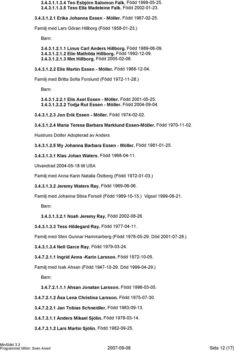 Född 2005-02-08. 3.4.3.1.2.2 Elis Martin Essen - Möller. Född 1968-12-04. Familj med Britta Sofia Forslund (Född 1972-11-28.) 3.4.3.1.2.2.1 Elis Axel Essen - Möller. Född 2001-05-25. 3.4.3.1.2.2.2 Todja Rut Essen - Möller.