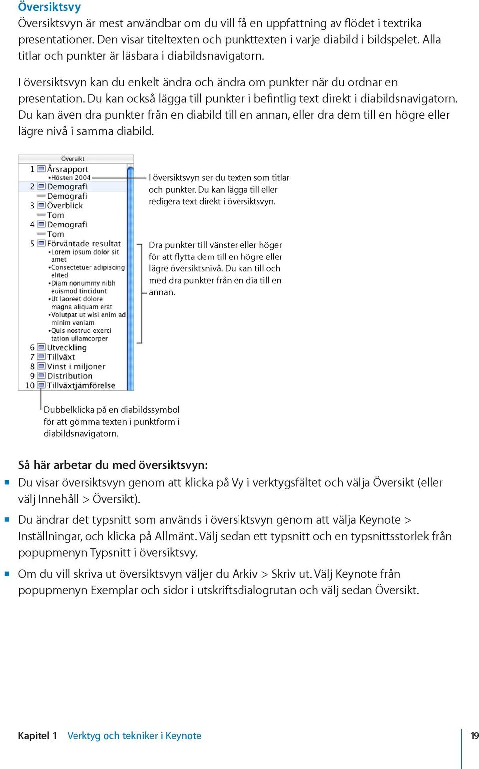 Du kan också lägga till punkter i befintlig text direkt i diabildsnavigatorn. Du kan även dra punkter från en diabild till en annan, eller dra dem till en högre eller lägre nivå i samma diabild.