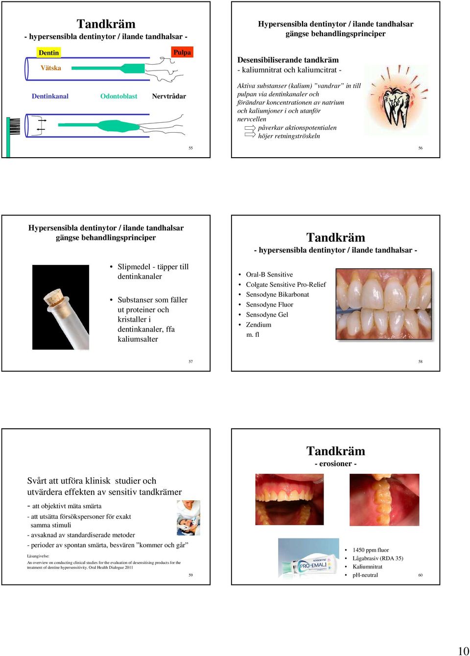 påverkar aktionspotentialen höjer retningströskeln 55 56 Hypersensibla dentinytor / ilande tandhalsar gängse behandlingsprinciper Slipmedel - täpper till dentinkanaler Substanser som fäller ut