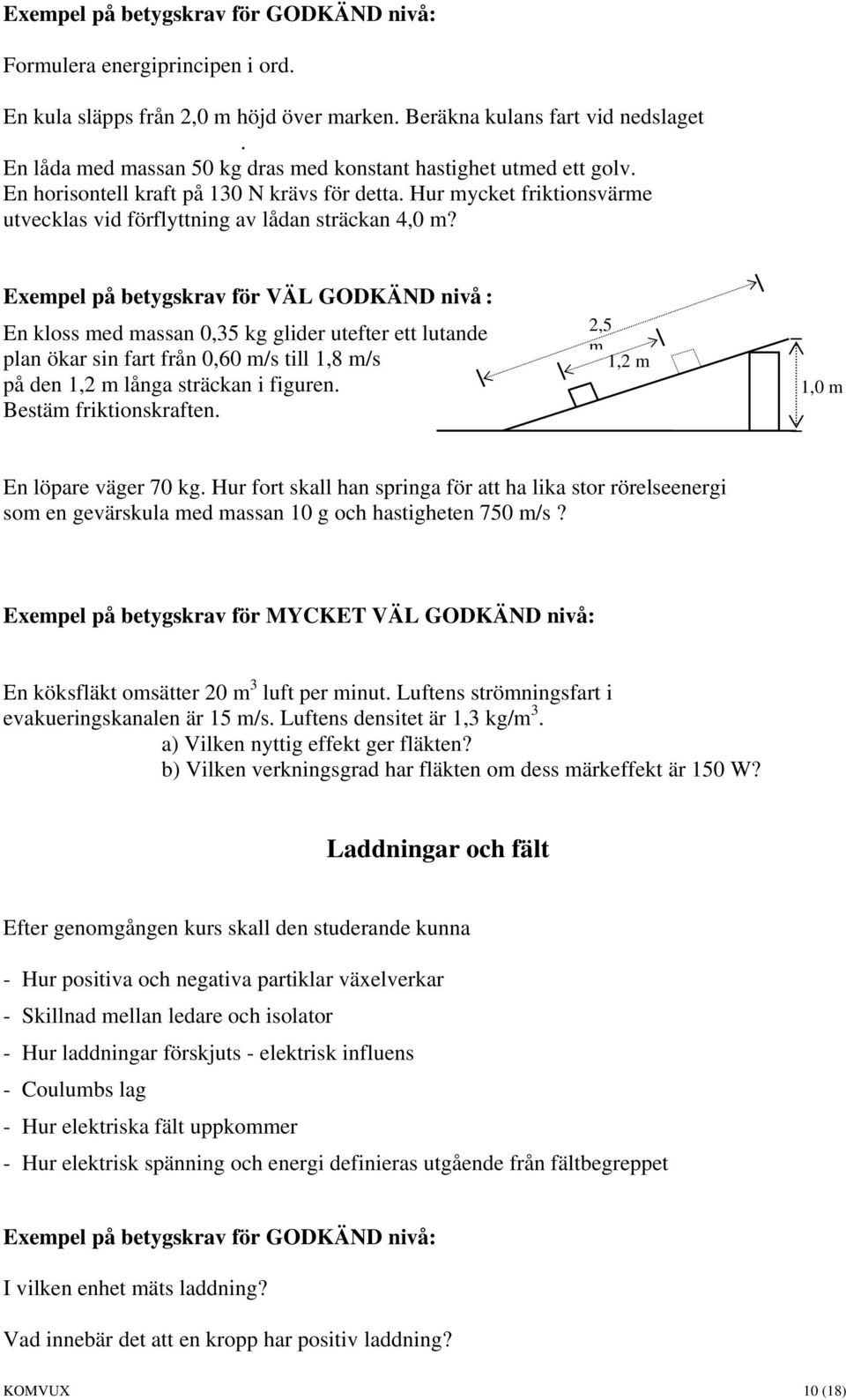 Exempel på betygskrav för VÄL GODKÄND nivå : En kloss med massan 0,35 kg glider utefter ett lutande plan ökar sin fart från 0,60 m/s till 1,8 m/s på den 1,2 m långa sträckan i figuren.