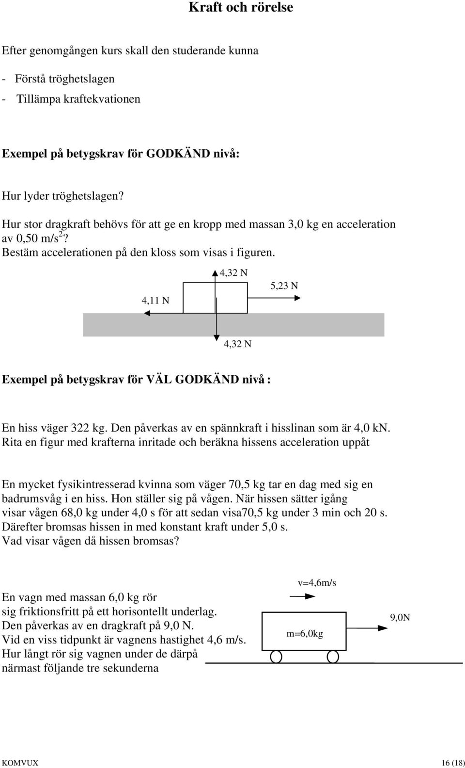 4,11 N 4,32 N 5,23 N 4,32 N Exempel på betygskrav för VÄL GODKÄND nivå : En hiss väger 322 kg. Den påverkas av en spännkraft i hisslinan som är 4,0 kn.