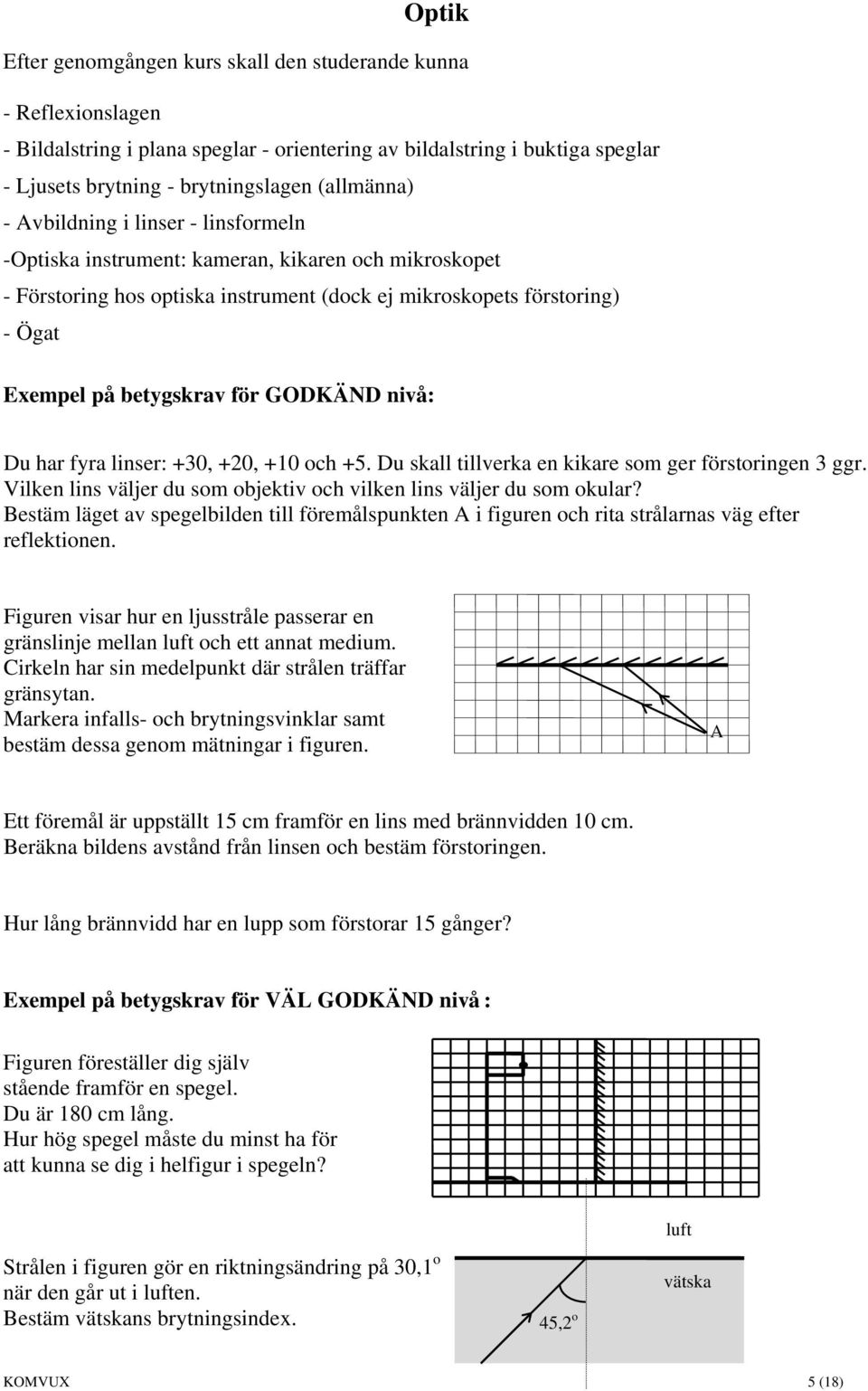 GODKÄND nivå: Du har fyra linser: +30, +20, +10 och +5. Du skall tillverka en kikare som ger förstoringen 3 ggr. Vilken lins väljer du som objektiv och vilken lins väljer du som okular?