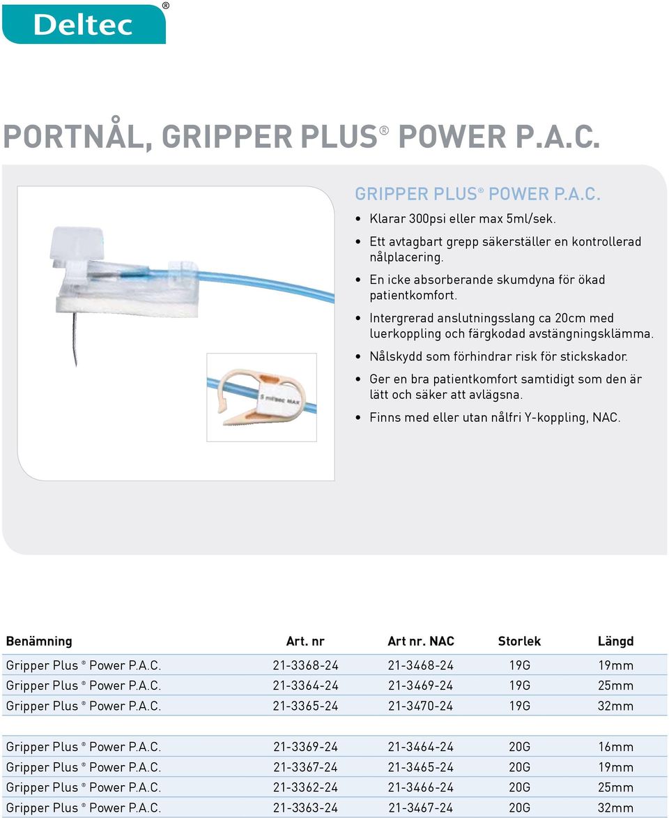 Ger en bra patientkomfort samtidigt som den är lätt och säker att avlägsna. Finns med eller utan nålfri Y-koppling, NAC. Benämning Art. nr Art nr. NAC Storlek Längd Gripper Plus Power P.A.C. 21-3368-24 21-3468-24 19G 19mm Gripper Plus Power P.