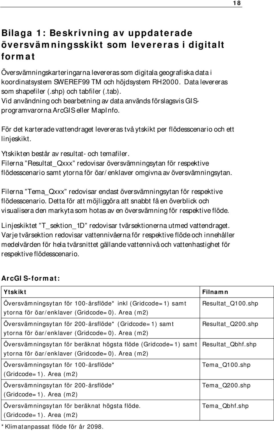 För det karterade vattendraget levereras två ytskikt per flödesscenario och ett linjeskikt. Ytskikten består av resultat- och temafiler.