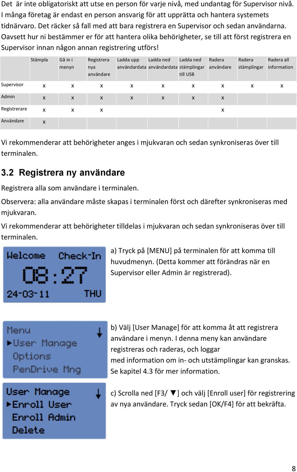 Oavsett hur ni bestämmer er för att hantera olika behörigheter, se till att först registrera en Supervisor innan någon annan registrering utförs!