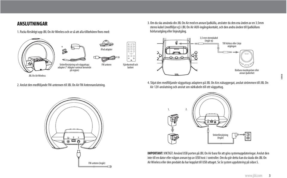 * ipod adapter 3,5 mm stereokabel (Ingår ej) Till hörlurs eller Linje utgången JBL On Air Wireless Strömförsörjning och vägguttags adapter (* Adapter varierar beroende på region) 2.