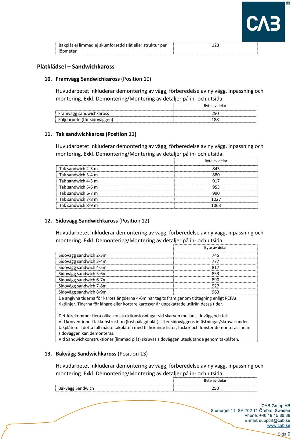 Byte Framvägg sandwichkaross 250 Följdarbete (för sidoväggen) 188 11. Tak sandwichkaross (Position 11) Huvudarbetet inkluderar demontering av vägg, förberedelse av ny vägg, inpassning och montering.