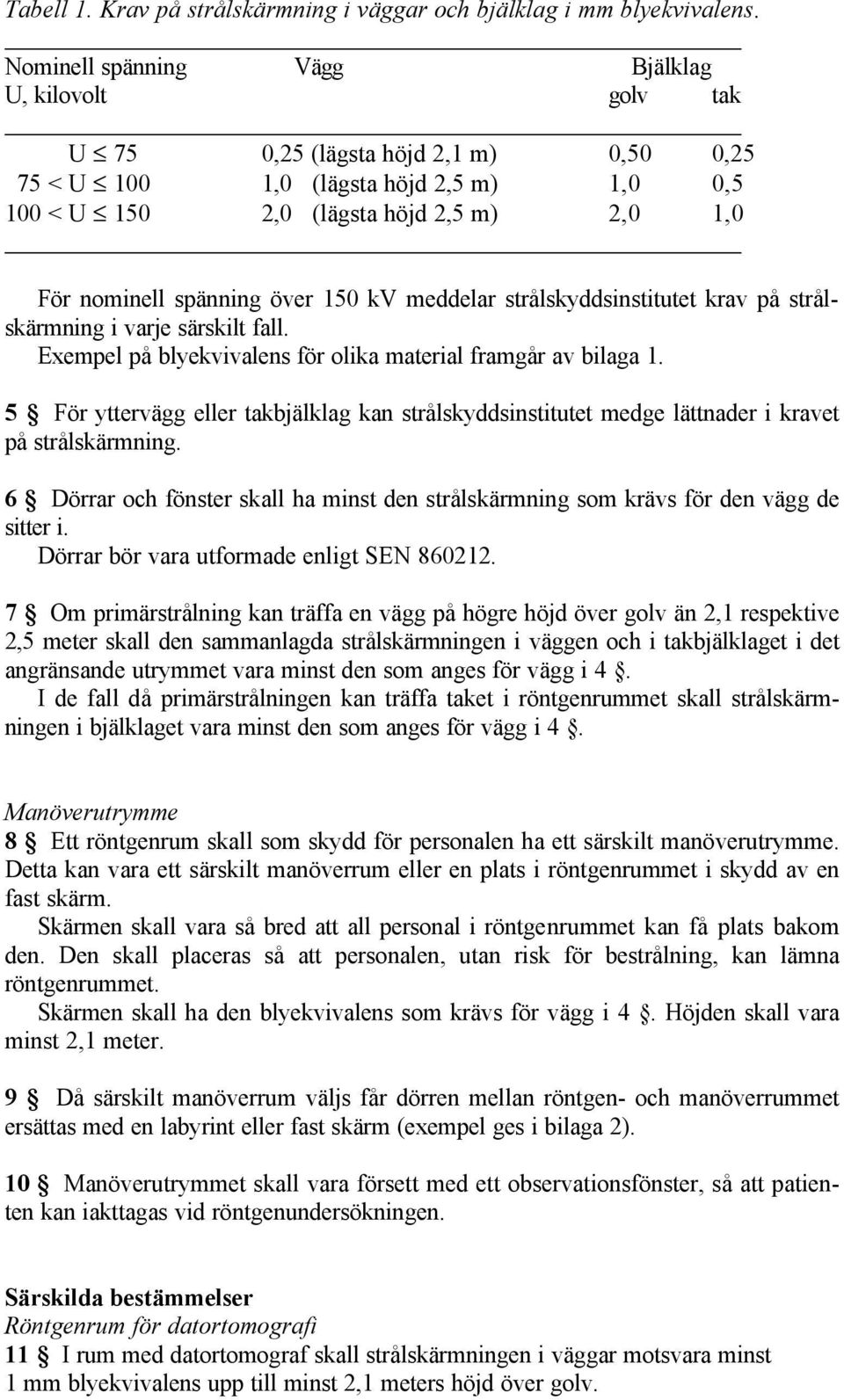 spänning över 150 kv meddelar strålskyddsinstitutet krav på strålskärmning i varje särskilt fall. Exempel på blyekvivalens för olika material framgår av bilaga 1.