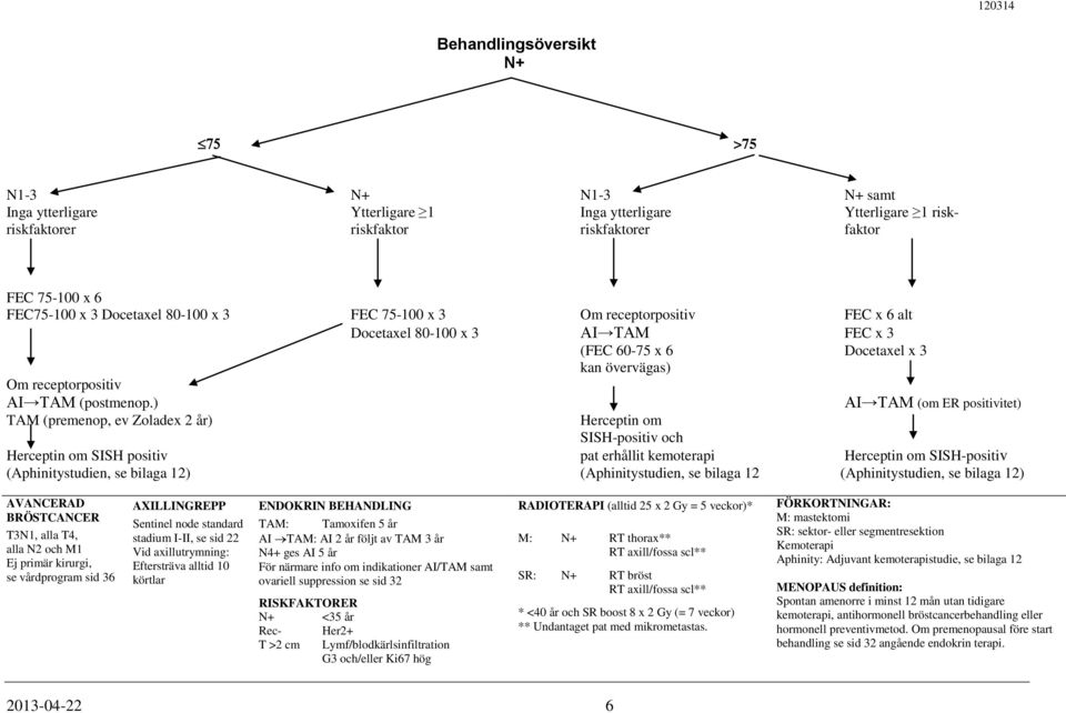 ) TAM (premenop, ev Zoladex 2 år) Herceptin om SISH-positiv och AI TAM (om ER positivitet) Herceptin om SISH positiv pat erhållit kemoterapi Herceptin om SISH-positiv (Aphinitystudien, se bilaga 12)