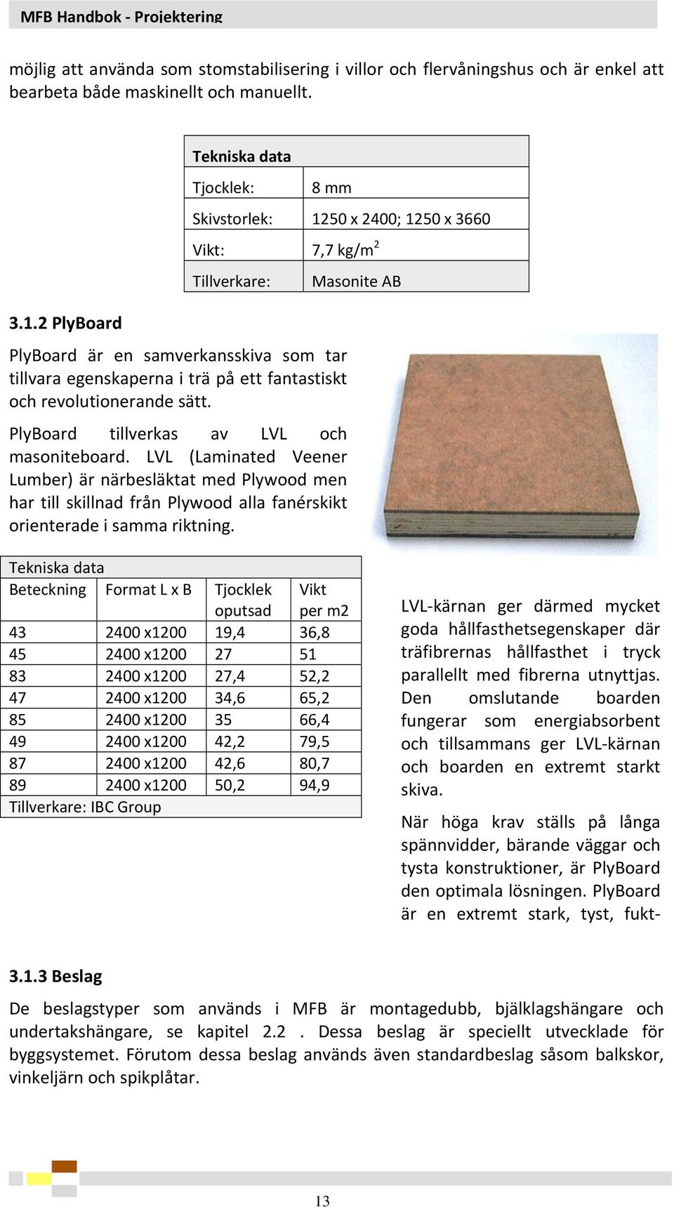 PlyBoard tillverkas av LVL och masoniteboard. LVL (Laminated Veener Lumber) är närbesläktat med Plywood men har till skillnad från Plywood alla fanérskikt orienterade i samma riktning.