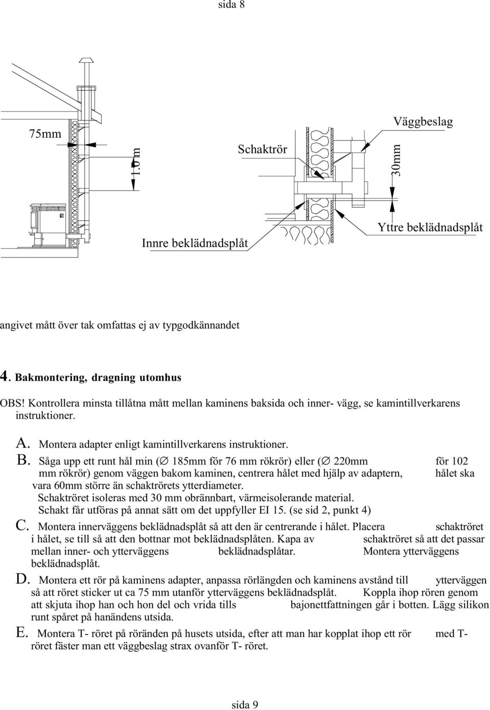 Såga upp ett runt hål min ( 185mm för 76 mm rökrör) eller ( 220mm för 102 mm rökrör) genom väggen bakom kaminen, centrera hålet med hjälp av adaptern, hålet ska vara 60mm större än schaktrörets