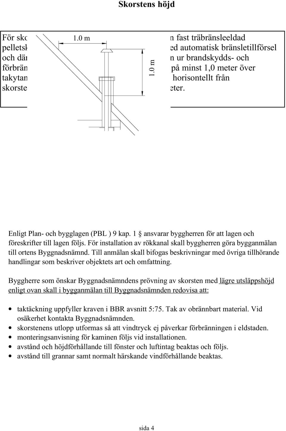 förbränningsteknisk synpunkt en skorstenshöjd på minst 1,0 meter över takytan godtas under förutsättning att avståndet horisontellt från skorstensmynningen till takytan är minst 1,0 meter. 1.0 m Enligt Plan- och bygglagen (PBL ) 9 kap.