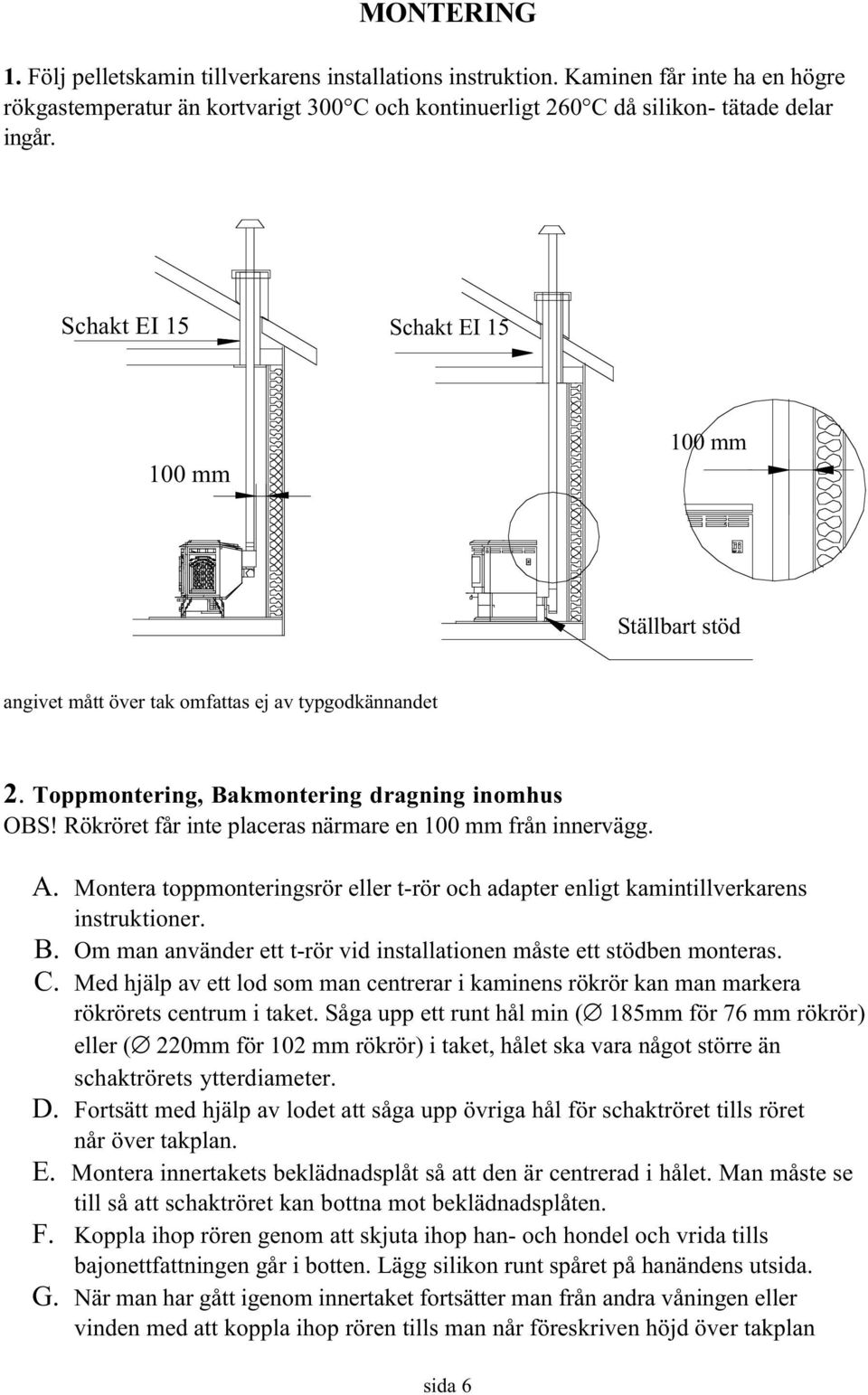 Rökröret får inte placeras närmare en 100 mm från innervägg. A. Montera toppmonteringsrör eller t-rör och adapter enligt kamintillverkarens instruktioner. B.